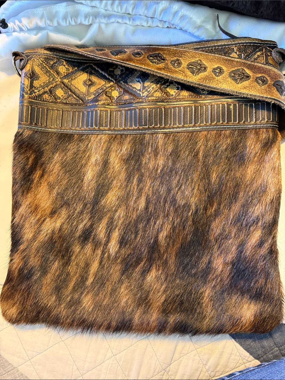 Brown Haircalf Crossbody Bag with Embossed Leather Trim